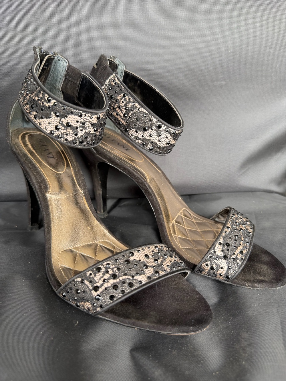 Alfani Size 7 Black Embellished Ankle-Strap High Heel Sandals